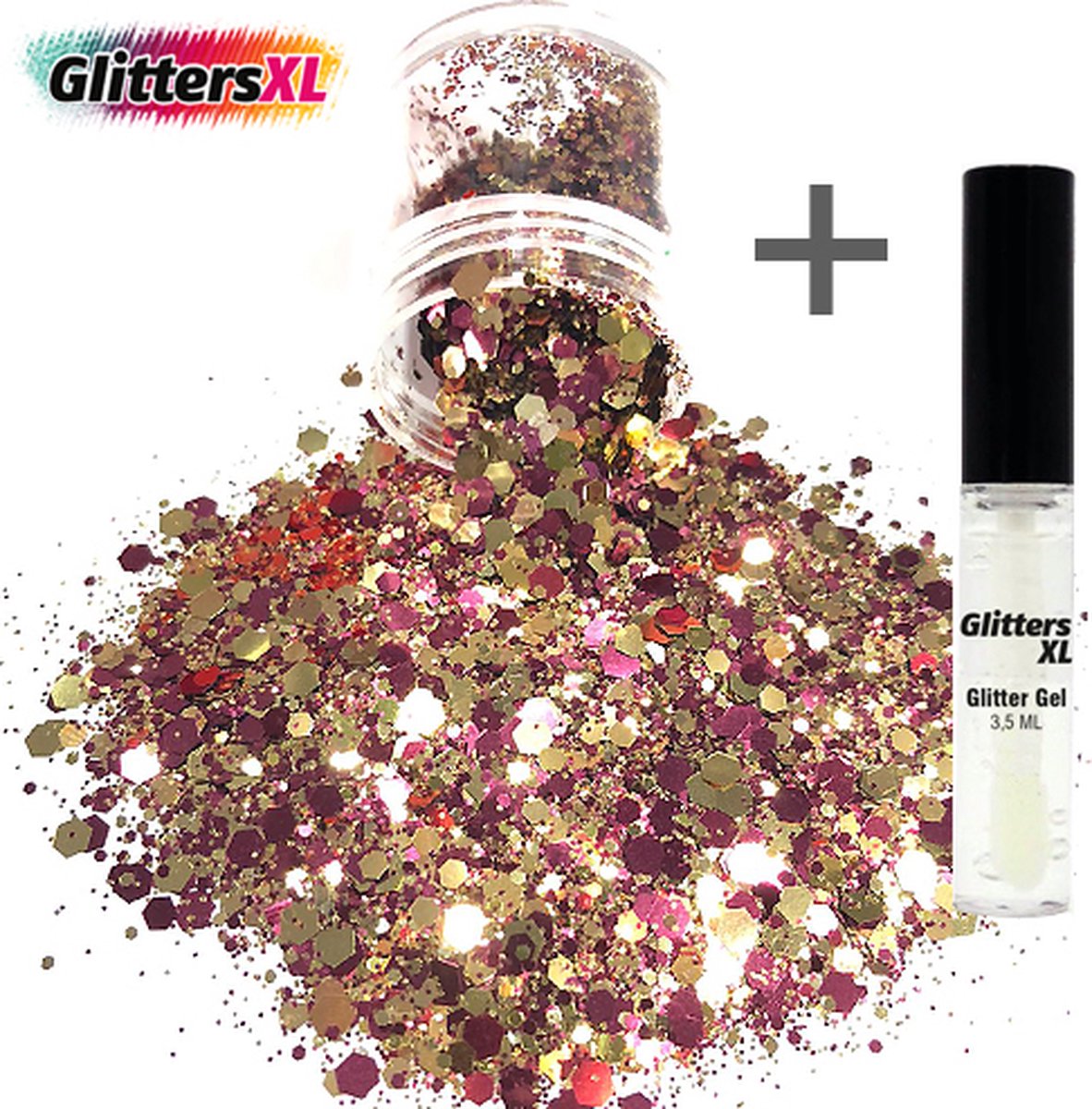 GlittersXL - Chunky Glitters (Goud Roze) (Volume 8g) + Glitter Huid Lijm [Festival Makeup Gezicht Lichaam - Face Body Glitter - Biologisch afbreekbaar - Versiering Dames Volwassen Kinderen]